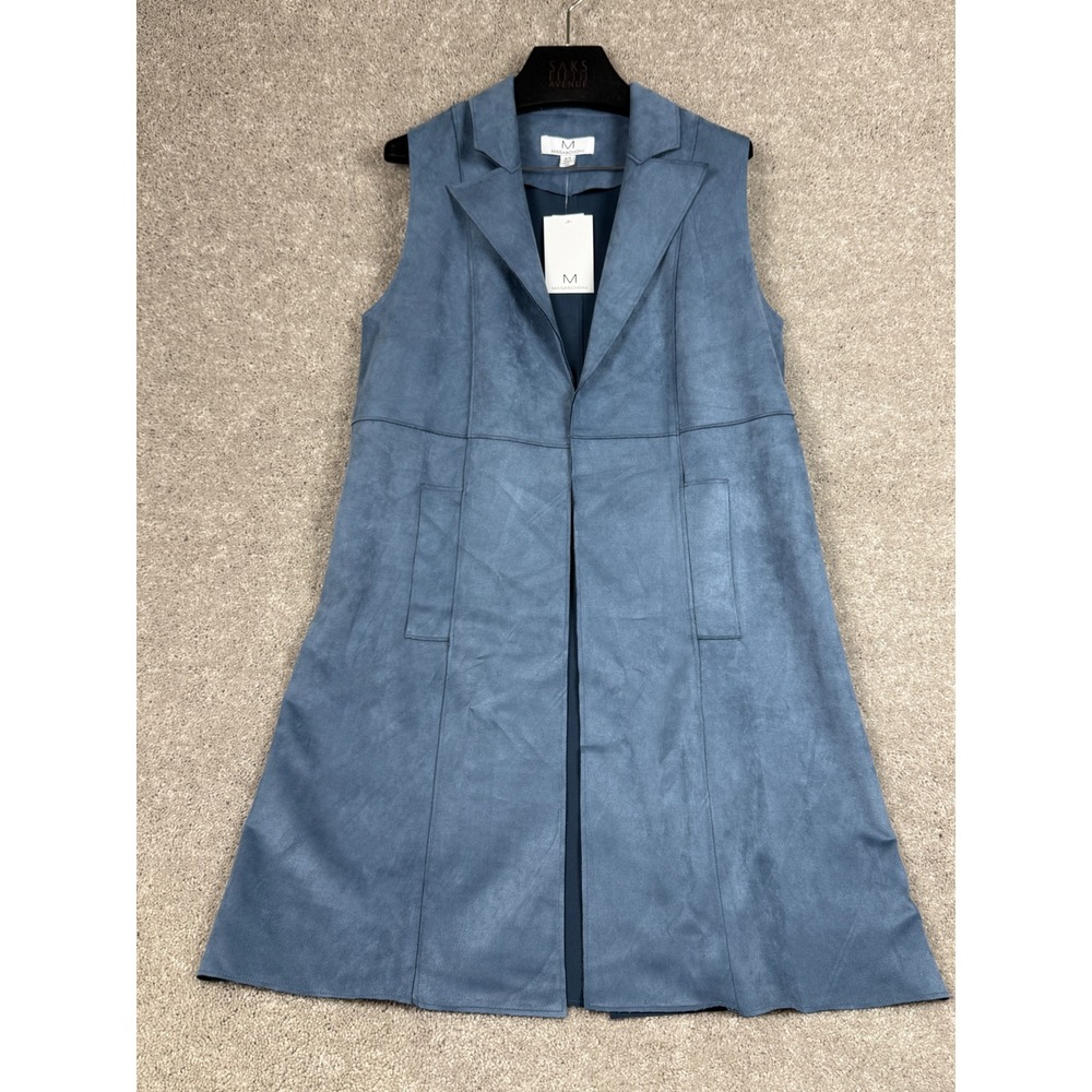 Magaschoni Faux Suede Long Vest Medium Blue Shadow Sleeveless Open Front NWT